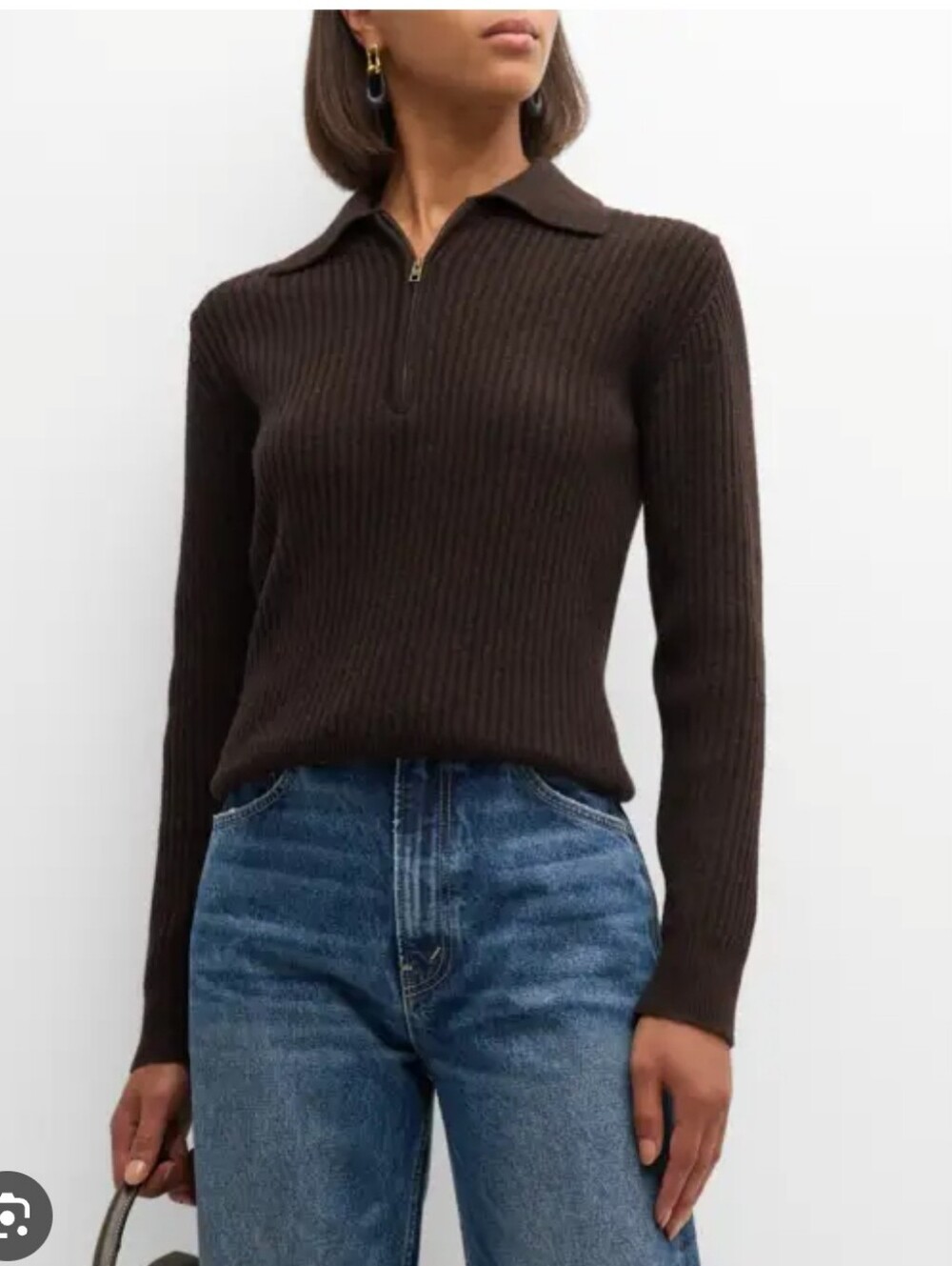 Nili Lotan Braxton Zip-Front Polo Rib Sweater in Brown Lambswool Size Large
